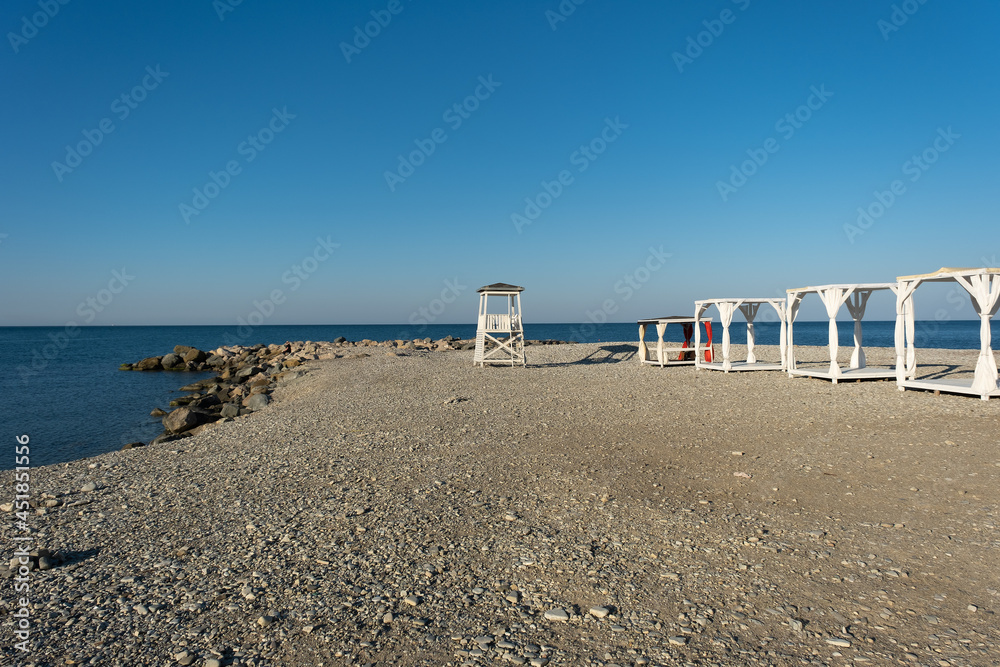 Lifeguard tower on the city beach in the morning in the resort village of Nebug, Krasnodar Territory, Russia