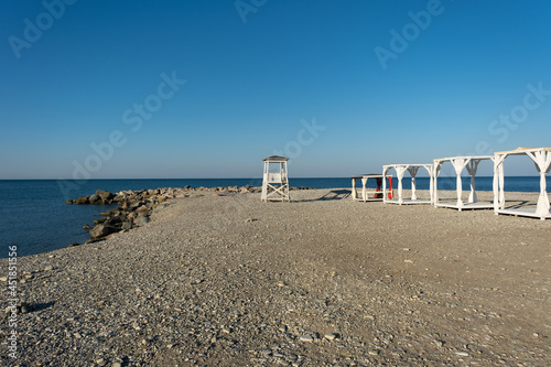 Lifeguard tower on the city beach in the morning in the resort village of Nebug, Krasnodar Territory, Russia
