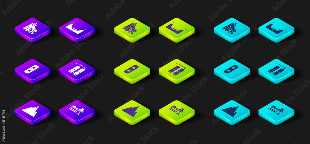 Set Mountains, Snowmobile, Snowboard, Aqualung, Skate park and Roller skate icon. Vector Set Mountains, Snowmobile, Snowboard, Aqualung, Skate park and Roller skate icon. Vector