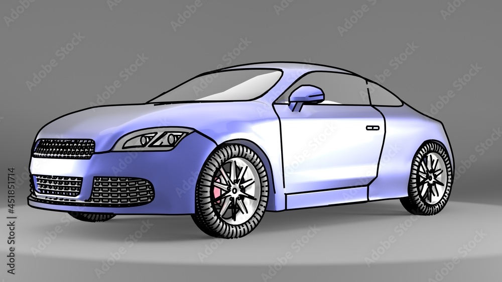 Fototapeta premium 3D image (Wire-frame). 3D rendering of the car model. The car is built on the basis of a coupe. The render is made in the style of a sketch. the illustration has a 4k resolution