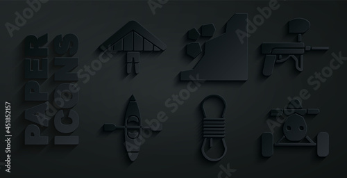 Set Climber rope, Paintball gun, Kayak or canoe, ATV motorcycle, Landslide and Hang glider icon. Vector