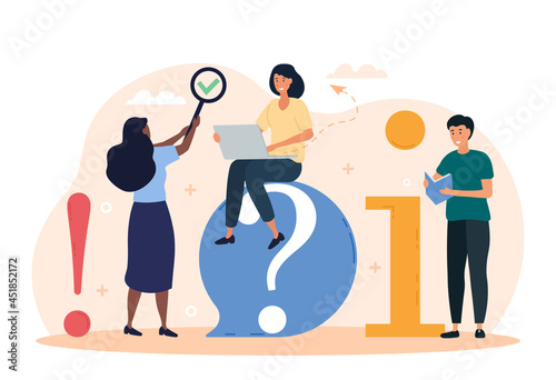 Getting help information. Man and women answer all questions that customers have. Company helps its partners. Group of people at work. Website technical support. Cartoon flat vector illustration