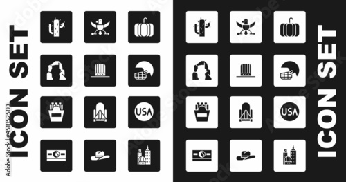 Set Pumpkin, Patriotic American top hat, Grand canyon, Cactus, football helmet, Eagle, USA label and Potatoes french fries box icon. Vector
