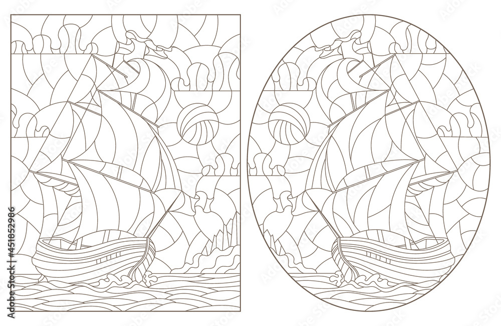 A set of contour illustrations of stained glass Windows with old sailing ships, dark contours on a white background