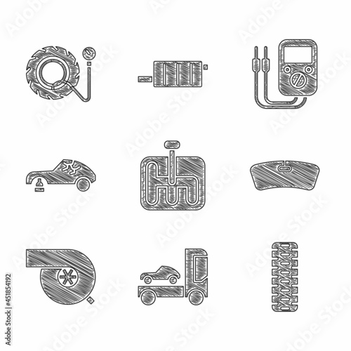 Set Gear shifter, Car transporter truck, tire wheel, Windshield, Automotive turbocharger, Broken car, Multimeter and Tire pressure gauge icon. Vector