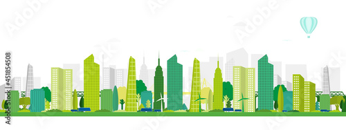 Modern city with solar panels. Vector poster with panoramic city views. Greenery city with skyscrapers.