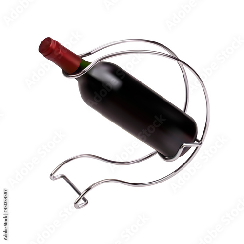 A bottle of red wine on a metal stand 3. 3d illustration