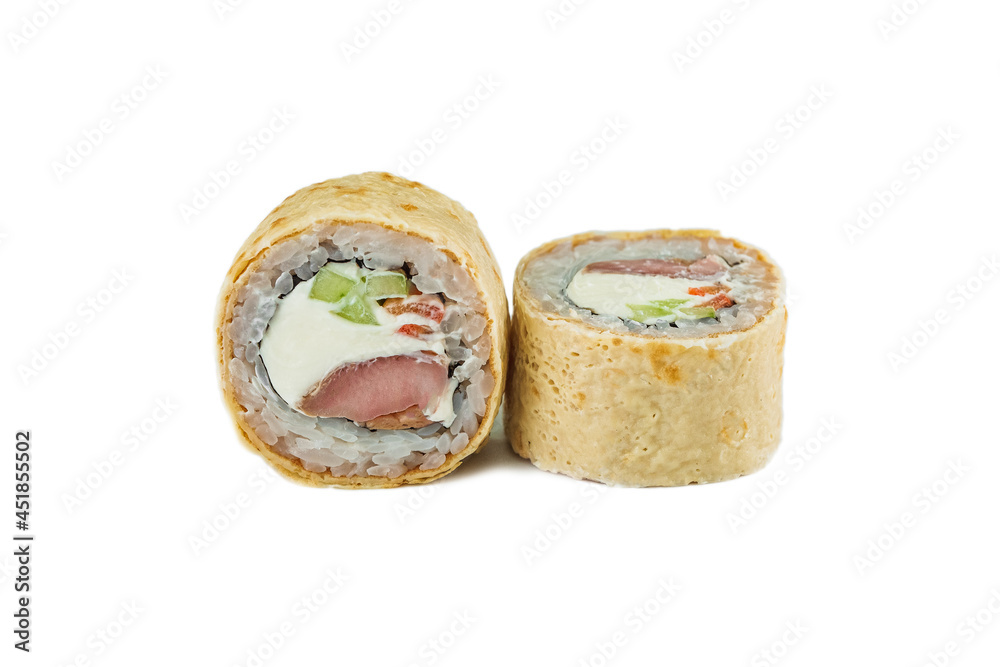 Japanese sushi rolls with tuna and omelet on a white background Japanese sushi rolls with tuna and omelet on a white background