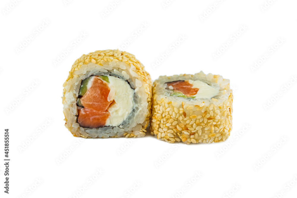Japanese sushi roll with sesame salmon on a white background Japanese sushi roll with sesame salmon on a white background
