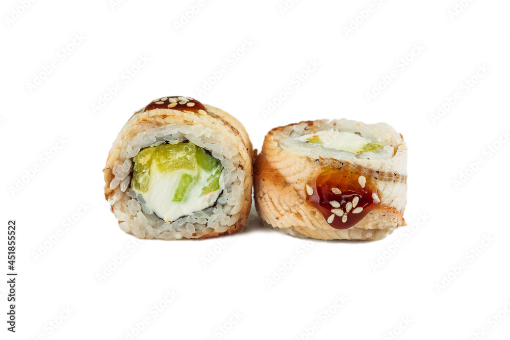 Traditional Japanese sushi roll with eel on a white background