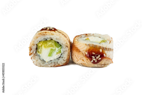 Traditional Japanese sushi roll with eel on a white background