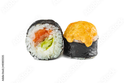 japanese baked sushi rolls with salmon on a white background
