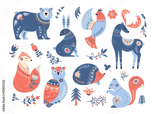 Scandinavian nordic folk forest animals vector set