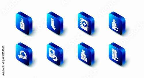 Set Inhaler, Medical clipboard, Bottle of medicine syrup, Medicine bottle, prescription, Cross hospital medical and Hand sanitizer icon. Vector