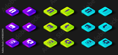 Set Cross hospital medical tag, Map pointer with cross, Ointment cream tube medicine, Inhaler, Medical thermometer and X-ray shots icon. Vector