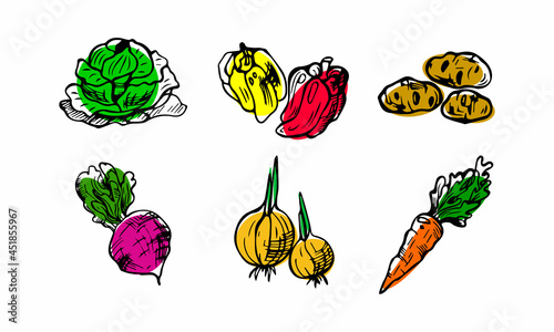 Vegetables set includes pepper, onion, carrot, potato, cabbage, beet isolated on white background