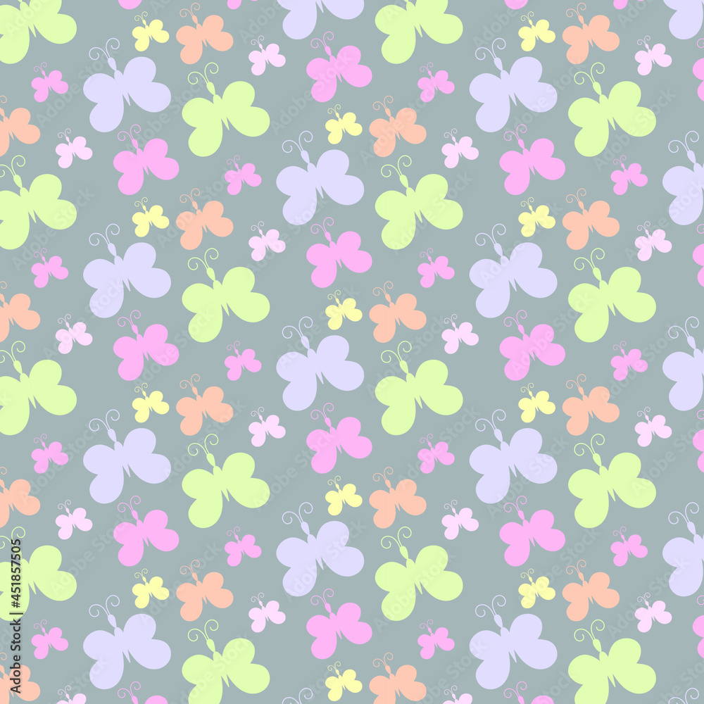 Seamless pattern with colorful butterflies. Cute cartoon insects isolated on grey background. Vector illustration. EPS 10