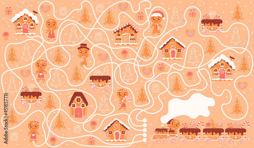 Find way board game for kids with colourful gingerman characters ans train, houses, help to deliver presents