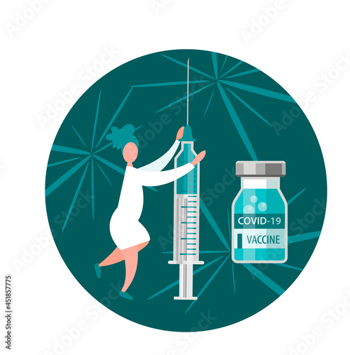 Nurse with syringe and covid 19 vaccine. Covid vaccination emblem.