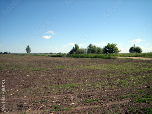 A flat plowed field with fertile soil-chernozem. In the distance, individual trees are visible on the horizon.