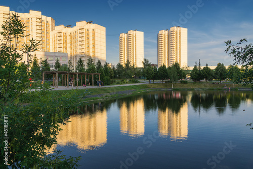 Summer sunset view of Yuzhnoe Butovo park in South Butovo district  Moscow  Russia.