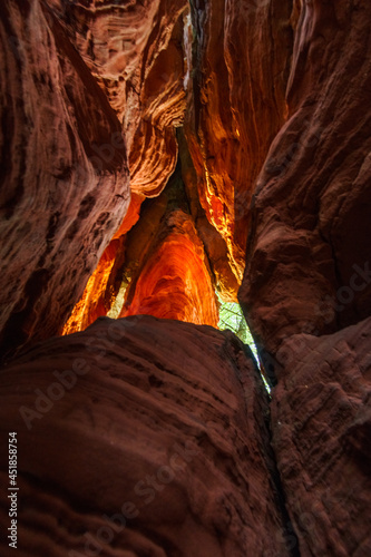 Glowing rock formation Altschloss-Felsen at sunset in palatinate forest, Germany