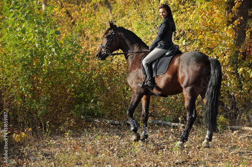 Woman riding sportive dressage horse down the path in the autumn evening