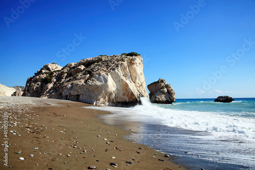 Rock of Aphrodite (Petra Tou Romiou) the birthplace of Aphrodite the Greek goddess of love, on a shoreline beach of Western Cyprus between Paphos and Limassol, facing the Mediterranean Sea
