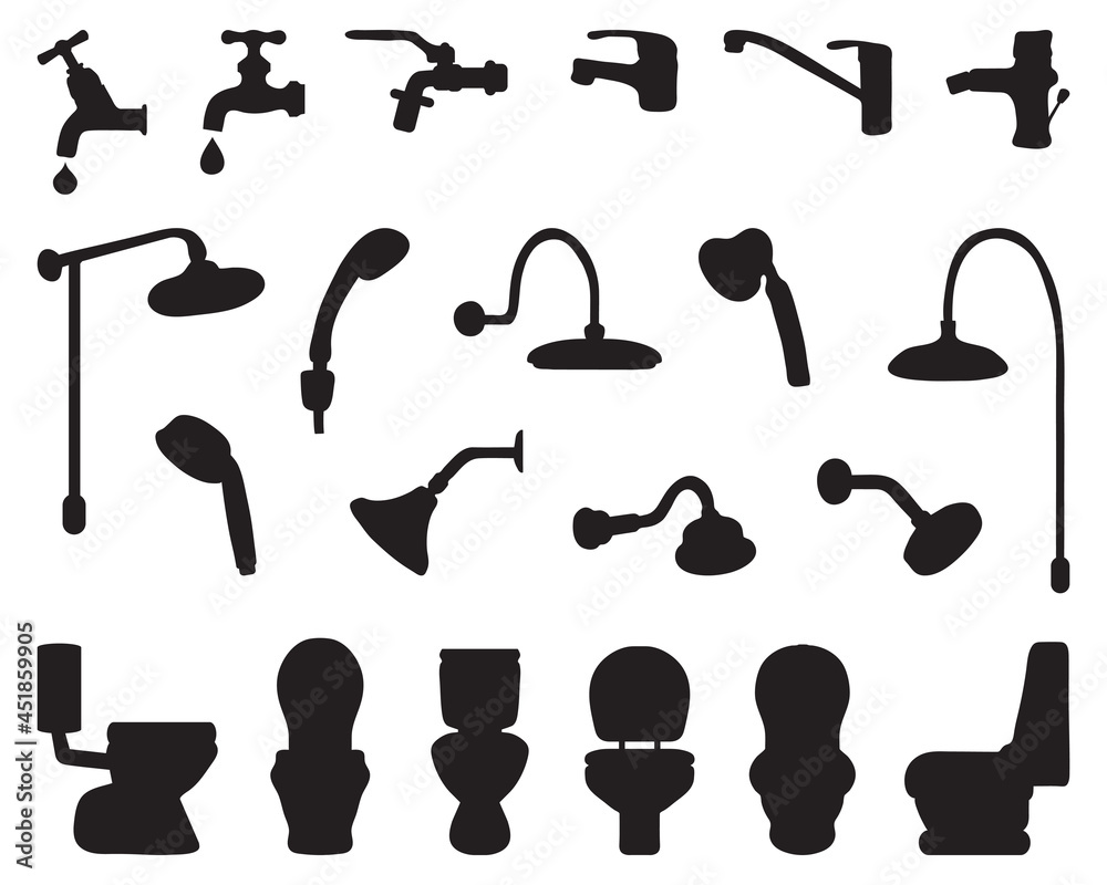 Black silhouettes of bathroom elements on a white background Black silhouettes of bathroom elements on a white background