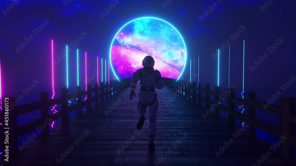 Astranaut runs along the endless wooden bridge across the ocean to his dream. Space circle with neon lighting ahead. 3D animation of seamless loop