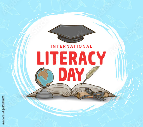 international literacy day with colorful globe, book and feather pen isolated on blue background