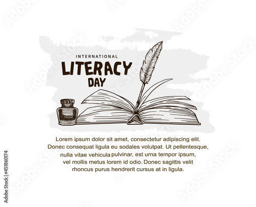 international literacy day with open book and feather pen illustration isolated on white background