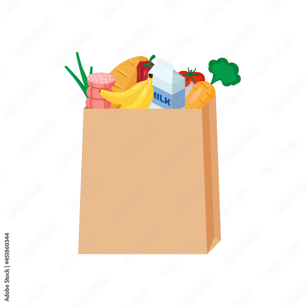 Naklejka Food products in a paper bag. Flat vector illustration