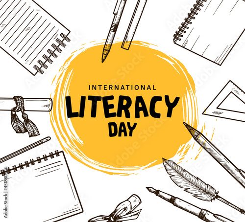 international literacy day with hand drawn element and yellow brush isolated on white background