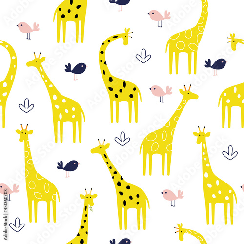 Seamless pattern with yellow giraffes. Vector flat illustration with wild cute animal on a white background.