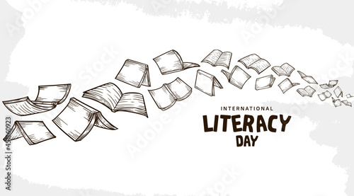 international literacy day with flying books isolated on white background