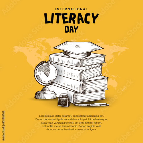 international literacy day with books, globe, ink, pen isolated on yellow background
