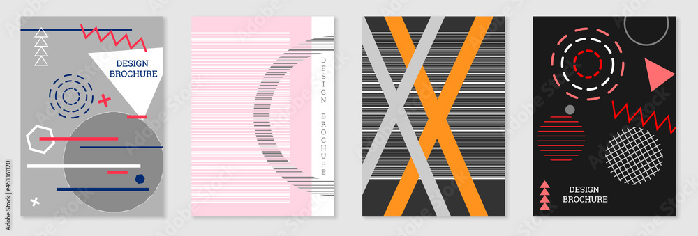 Set of cover design in Memphis style. Geometric design, abstract background. Fashionable bright cover, banner, poster, booklet. Creative colors. Set of cover design in Memphis style. Geometric design, abstract background. Fashionable bright cover, banner, poster, booklet. Creative colors.