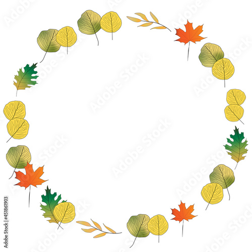 Bright, colorful circle autumn theme frame made of fall leaves and acorns on white background. Fall, seasonal, Thanksgiving. Copy space.