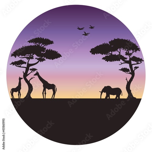 Flat vector illustration with silhouettes of animals on a sunset background. African savannah with a beautiful landscape of large trees