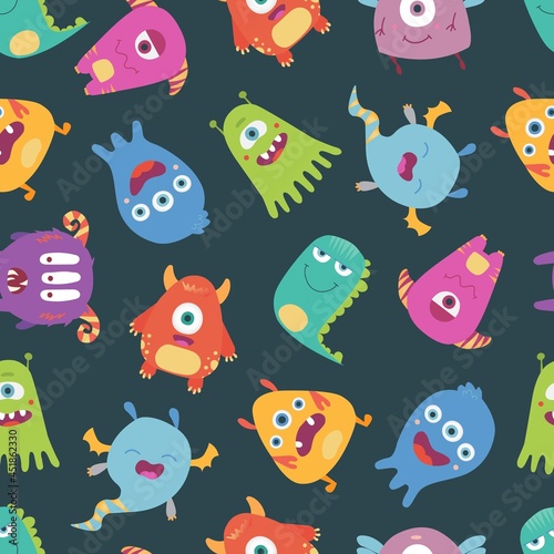 Colorful, bright vector seamless pattern with funny monsters, freaks on a white background. photo