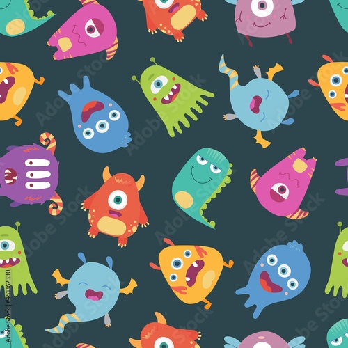 Colorful, bright vector seamless pattern with funny monsters, freaks on a white background.