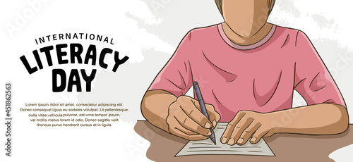 international literacy day with colorful man writing illustration on white background