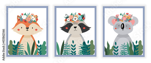 Picture with animals. Squirrel, raccoon and koala stand among flowers. Posters and stickers for children. Wildlife, mammal. Flora and fauna. Cartoon flat vector set isolated on white background