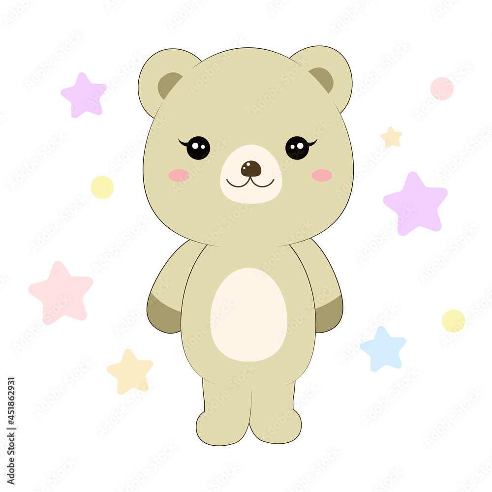 Cartoon kawaii cute happy bear. with pink cheeks. Teddy bear vector clipart. Bear on white background. Vector illustration. Cartoon kawaii cute happy bear. with pink cheeks. Teddy bear vector clipart. Bear on white background. Vector illustration.