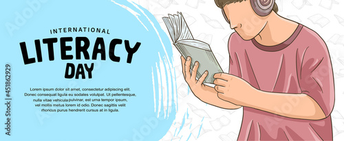 international literacy day with colorful man reading book, blue brush isolated on white background for poster and banner