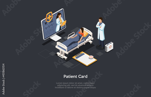 Isometric 3D Illustration. Cartoon Style Vector Composition On Patient Personal Medical Card Concept. Healthcare Service Data, Private Clinic Information Base. Customer, Doctors, Desktop Computer.