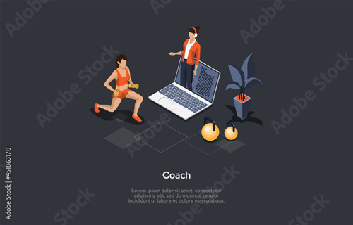 Isometric 3D Illustration. Cartoon Style Vector Composition On Personal Online Sport Coach Concept. Remote Gymnastics, Healthy Lifestyle And Fitness Exercises Concept. Woman In Sportswear, Laptop.