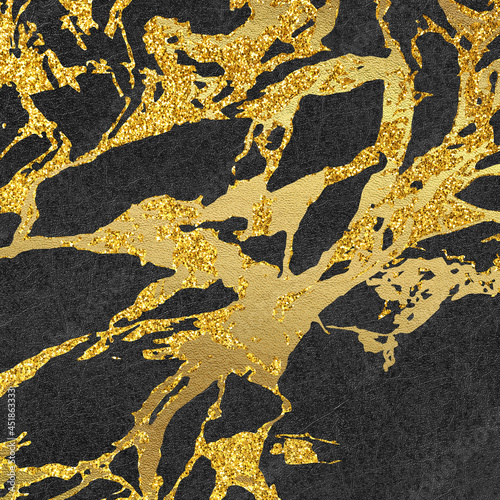 Black abstract leather background. Paper with golden veins of marble and glitters © Julia
