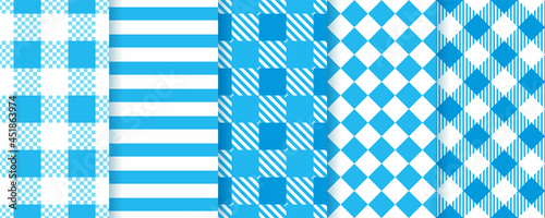 Oktoberfest Bavarian seamless patterns. Blue backgrounds with rhombus, stripes, check. Set tartan plaid prints. Argyle Lozenge textures. Modern geometric backdrops. Vector illustration.